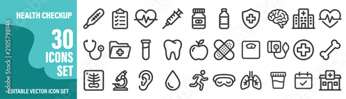 Comprehensive health checkup icon set 30 editable vector graphics for medical and wellness applications