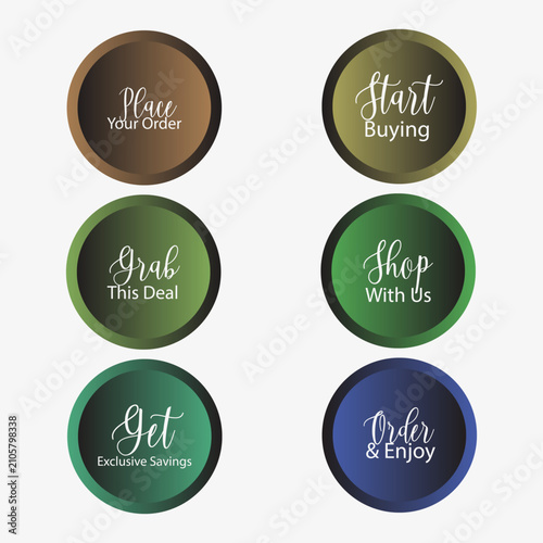 Six gradient circular stickers with call to action text for online sales and marketing promotions