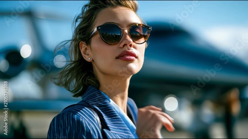 Elegant woman in sunglasses standing near a private jet in warm sunlight, luxury travel, business aviation and confident lifestyle concept