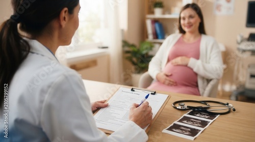 Gynecologist doctor examining a pregnant belly for baby and mother healthcare check up at a hospital.
