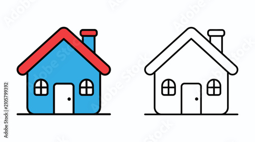 House Illustration With Red Roof Colorful And Black and white Versions