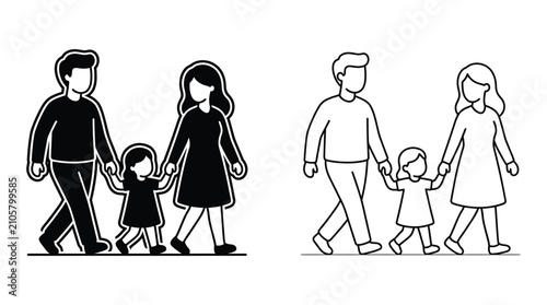 Family Silhouette Illustration Black And White Linear Design