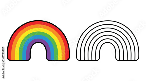 Rainbow illustration colorful and outlined versions on a white background
