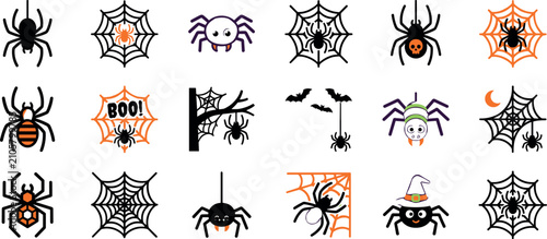 Bild auf Leinwand Cute Halloween spider and web vector icon set featuring cartoon spiders with witch hat bats boo text orange and black decorative design elements