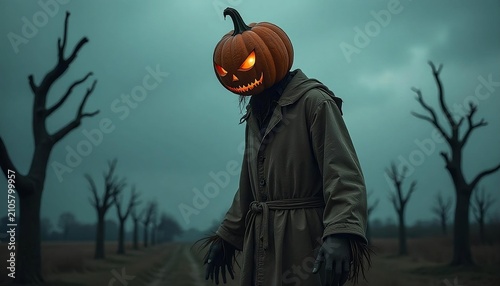 tall, lanky scarecrow-like figure with a large, twisted pumpkin head and glowing orange eyes, wearing a tattered robe and standing in dark, spooky environment with dead tree created with generative ai