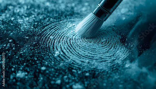  intricate brush dusting reveals faint fingerprints on a smooth glass surface,  forensic scene; Symbolizing Forensic Investigation Process, created with generative ai