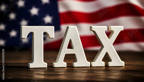  wooden letters spelling the word TAX arranged on a dark wooden desk, blurred United States flag in the background, financial planning and taxation concept, created with generative ai