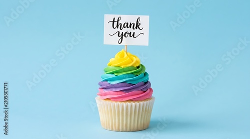 A colorful rainbow cupcake with a thank you sign on a light blue background