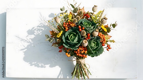 Autumn bouquet with ornamental cabbage, poppy heads, rose hips, and dried flowers isolated on white background