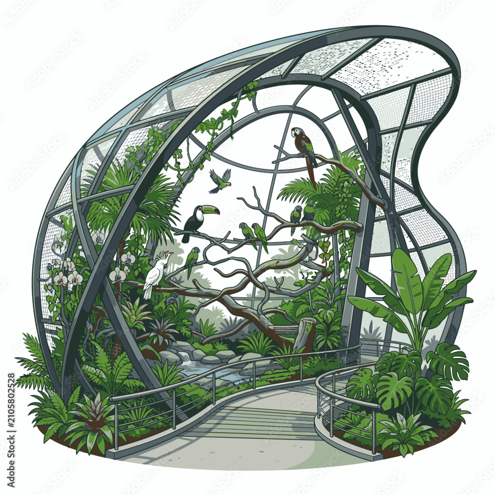 Obraz premium A stunning aviary showcasing a variety of tropical birds amidst lush greenery and a small stream, all enclosed within a modern geodesic dome structure.