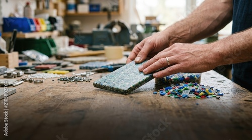 Hands Inspecting Recycled Plastic Sheet in Workshop