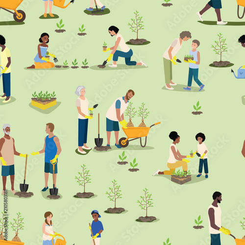 A seamless pattern featuring people of different ages and nationalities planting trees and plants. Hand-drawn vector illustration of people working in a garden.