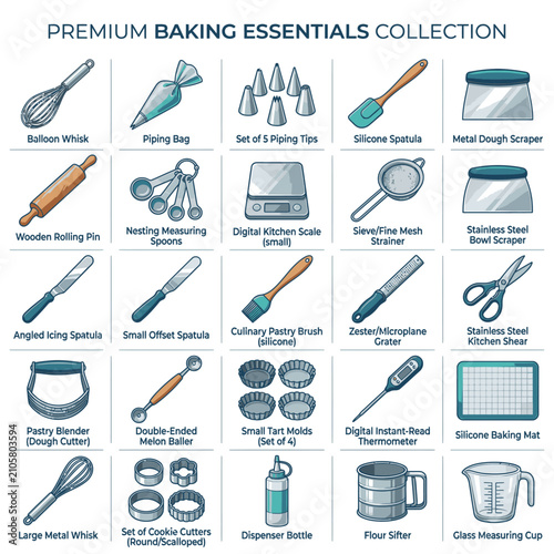 A collection of premium baking essentials with detailed illustrations of each tool, including whisks, spatulas, measuring cups, and baking mats