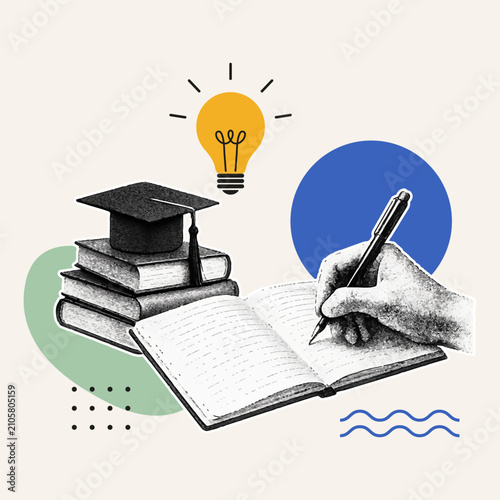 Education illustration with books, graduation cap, hand writing in notebook and light bulb. Modern learning, knowledge and study concept in minimalist collage vector style.