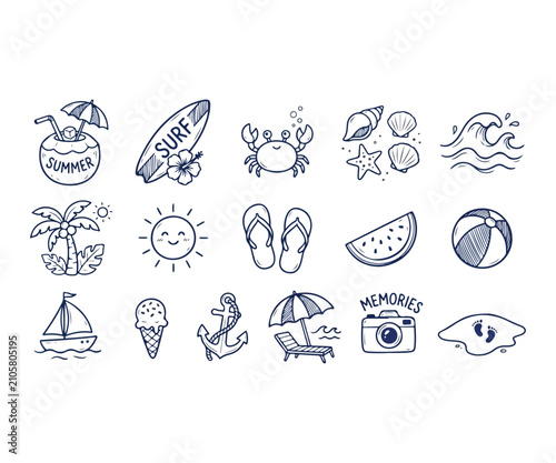 Hand Drawn Summer Vacation Doodle Icons Set | Beach, Surf, Sun, Palm Tree, Seashell, Watermelon Vector Illustration