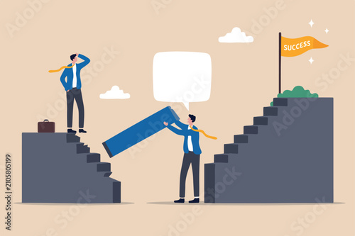 Expert advice or intelligence information to solve business problem, professional consultant support giving solution concept, businessman expert speech bubble help connect stairway to success