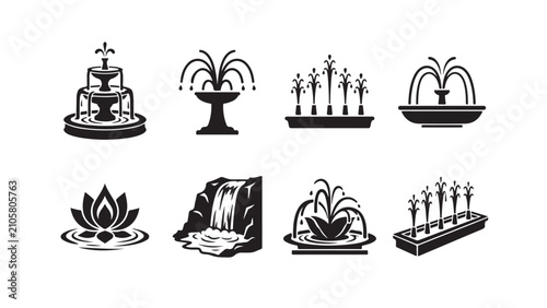 Set of Water Fountain and Garden Feature Icons - Vector Illustrations of Outdoor Decor
