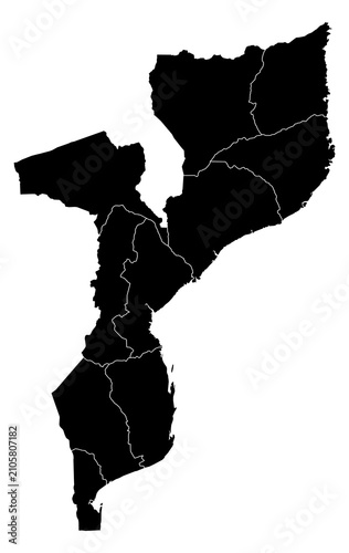 A contour map of Mozambique with administrative borders. Mozambican administrative silhouette