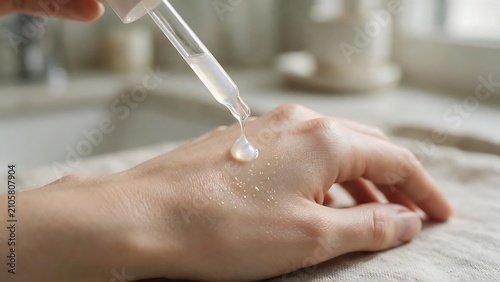 A close-up image of a glass dropper dispensing brightening serum onto the skin on the back of the hand.
