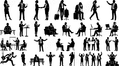 Professional business people silhouettes set, corporate office workers in various poses, black vector silhouettes of businessmen and businesswomen