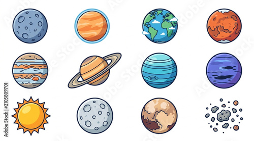 Schilderij op canvas Colorful Illustrated Planets and Celestial Bodies Collection.