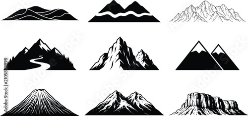 Fotografie Vintage Linocut Mountain Landscape Vector Icon Set with Detailed Engraving Peaks