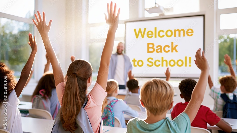 Fototapeta premium Children with raised hands in front of teacher