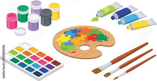Isometric Art Supplies and Painting Equipment Set with Wooden Color Palette Paintbrushes Watercolor Tray Acrylic Jars and Paint Tubes for Creative Studio Fine Art Hobby Vector Graphic