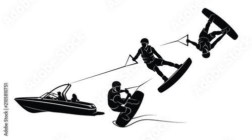 Obraz na płótnie Black silhouette vector graphic illustration of a motorboat pulling athletes per