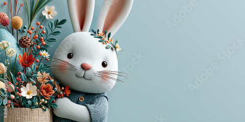 Cute cartoon rabbit character with large ears wearing a blue sweater, holding a bouquet of colorful flowers against a soft pastel background