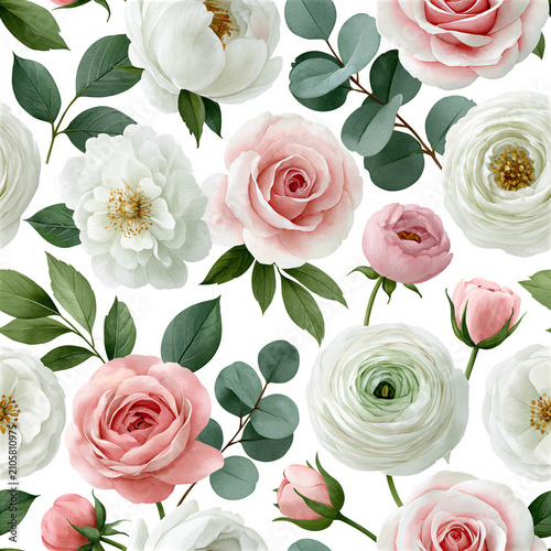 Floral pattern featuring various roses, peonies, and ranunculus with green leaves on a white background, suitable for textile or wallpaper design