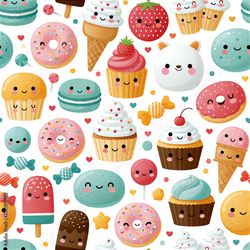 Colorful illustration of various cute desserts including cupcakes, donuts, ice cream cones, and candies arranged on a white background with smiling faces and playful designs