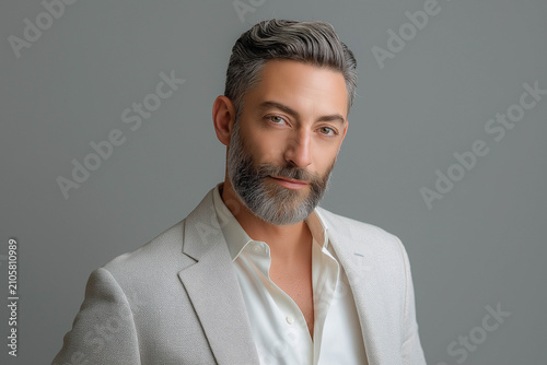 Male model with gray hair and beard wearing a light-colored suit jacket and white shirt poses against a neutral gray background, showcasing a confident expression