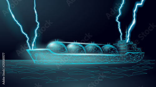 Oil crisis tankers under attack. War conflict fuel price surge concept. Energy petroleum shipping danger geopolitics. Blue neon lightning storm vector illustration