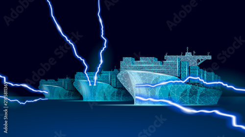 Oil crisis tankers under attack. War conflict fuel price surge concept. Energy petroleum shipping danger geopolitics. Blue neon lightning storm vector illustration