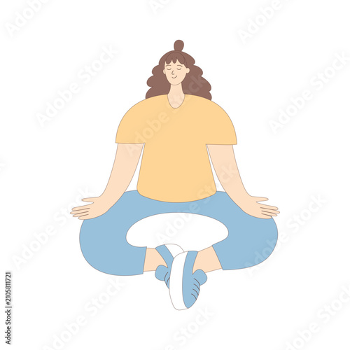 Young woman meditating in lotus pose. Isolated character on white background. Minimalistic vector illustration.