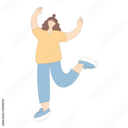Young woman is happy. Girl is dancing, jumping. Isolated character on white background. Minimalistic vector illustration.