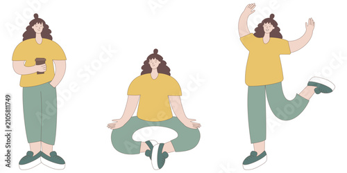 Young woman in different poses, life-style. Modern vector illustration, character on white background.