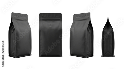 Four black coffee bags isolated on transparent background
