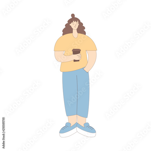 Young woman with coffee. Isolated character on white background. Minimalistic vector illustration.