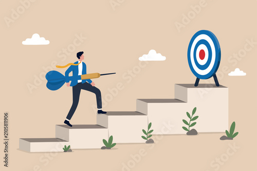 Success step to reach business goal, growing journey or aiming to reach target, ambition or challenge concept, cheerful businessman carrying dart step on stairway to reach dartboard bullseye