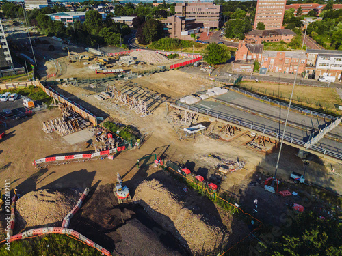 Gateshead UK: 20th July 2026: The demolition of the Gateshead Flyover aerial drone photo. Nearby buildings and open areas are visible, with construction work ongoing