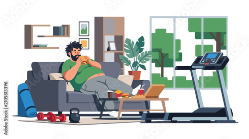 Konstfotografi Flat style vector illustration of an overweight man eating burgers and fries while ignoring exercise equipment