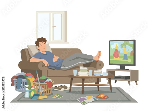 Fotografie Flat style vector illustration of a man relaxing on the sofa while leaving cleaning supplies, laundry and dirty dishes unfinished