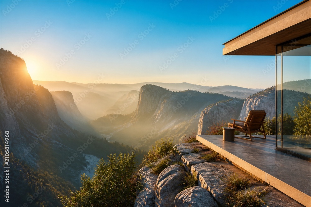 Obraz premium Modern terrace overlooking misty mountain valley at sunrise