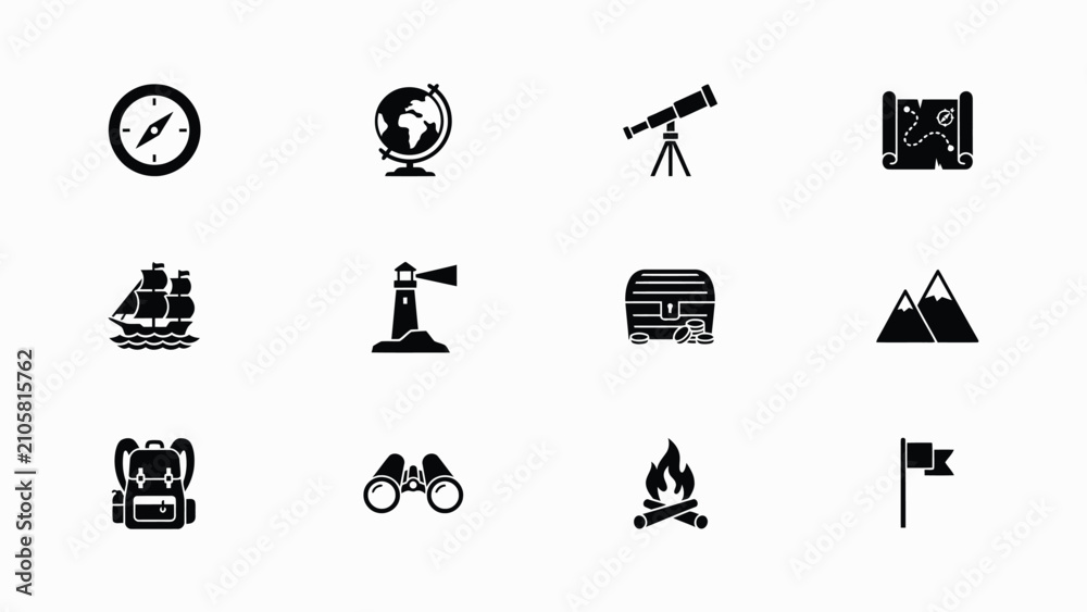Naklejka premium Black flat icons set with displays minimalist black white icon collection showcasing nine distinct symbols related exploration travel against clean white background