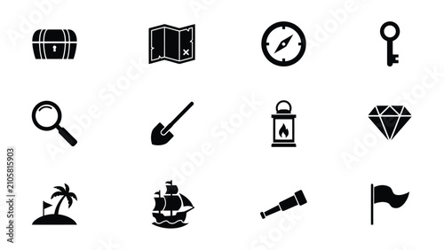 Canvastavla Black and white adventure treasure symbol set with map compass key with evoking