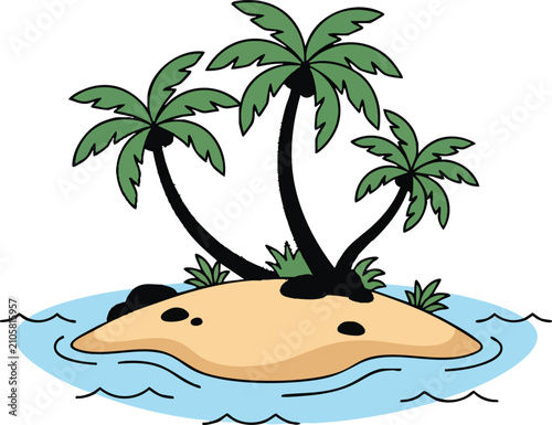 Three palm trees on a small tropical island in the ocean
