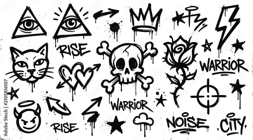 Fototapeta premium Graffiti style icons including skulls roses eyes and crowns in a white background with splatter effects