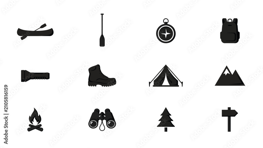 Naklejka premium Minimalist black silhouette icons set with representing essential outdoor against neutral background high contrast collection outdoor adventure gear